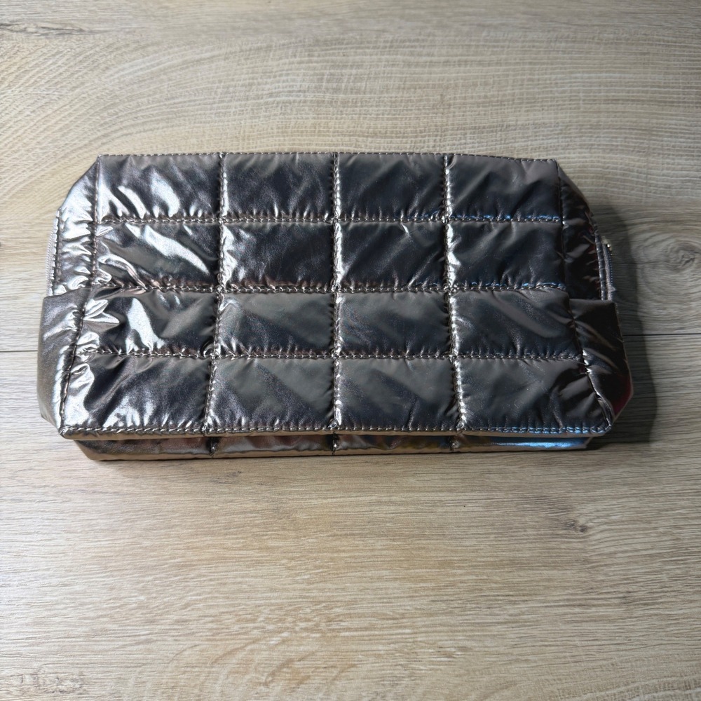 Sephora Metallic Bronze Pewter Quilted Puffer Makeup Bag Travel Case Organizer‎